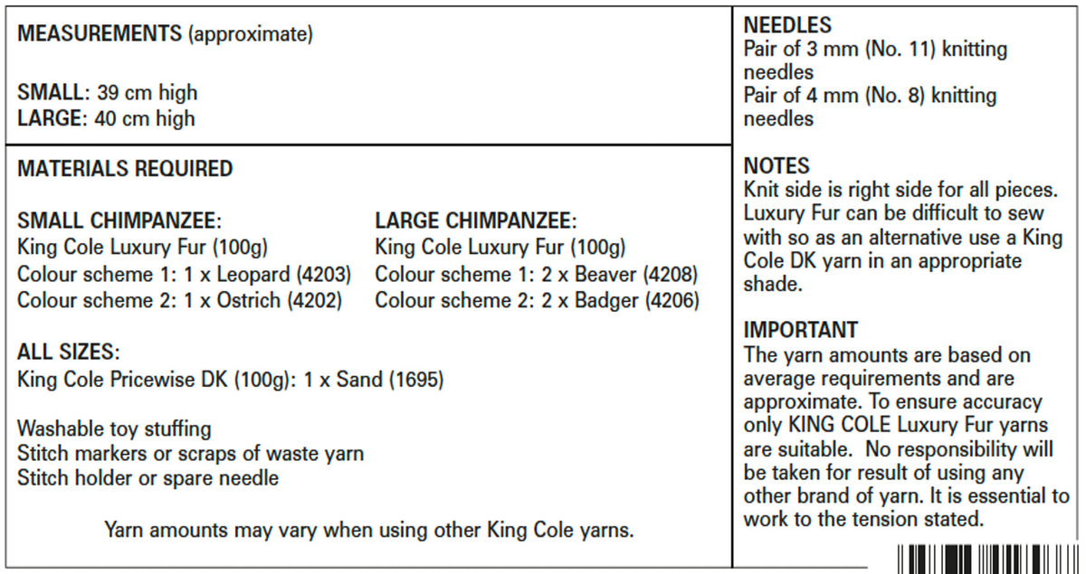 King Cole Luxury Fur & DK Knitting Pattern - Chimpanzees (9125