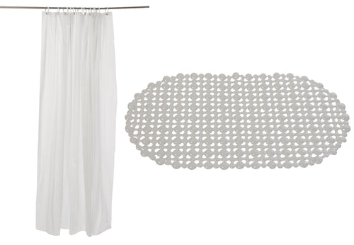 White Bath Mat & Shower Curtain Set 100% Vinyl