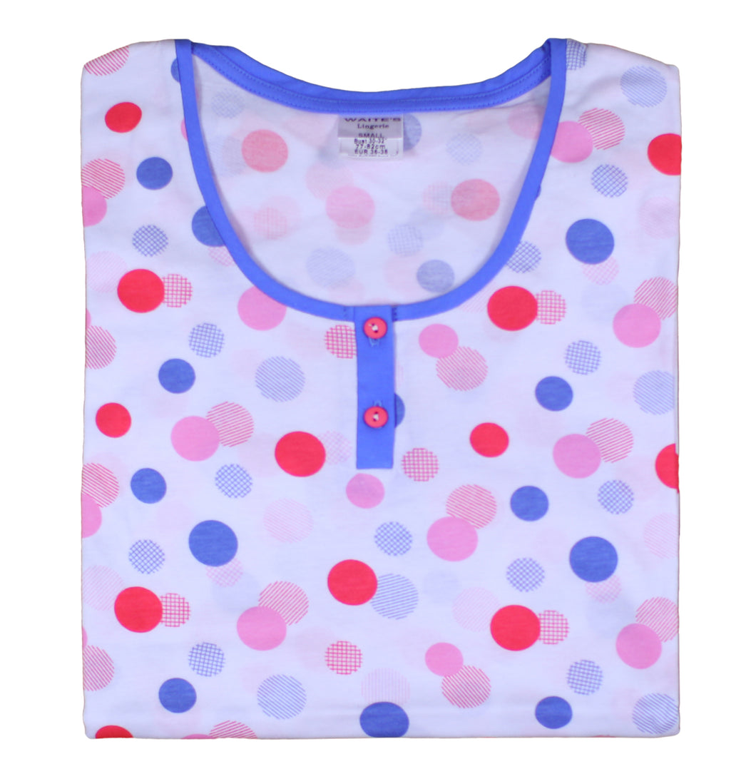 Ladies 100% Cotton Short Sleeved Polka Dot Nightdress (Small)