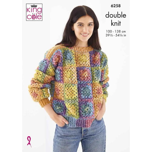 King Cole Double Knit Crochet Pattern Granny Square Cardigan & Jumper 6258