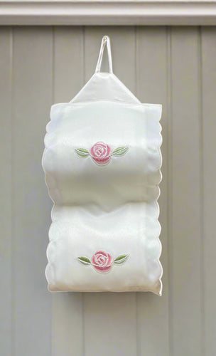 Rose Embroidered Fabric Hanging Toilet Roll Holder