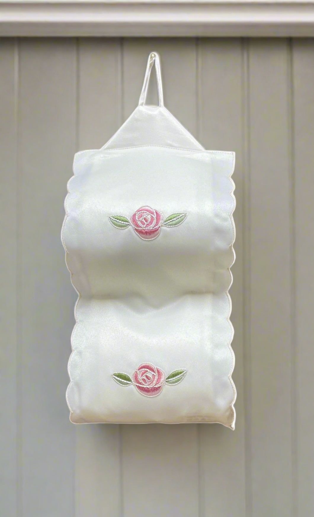 Rose Embroidered Fabric Hanging Toilet Roll Holder