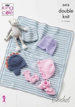 Load image into Gallery viewer, King Cole Double Knit Crochet Pattern - Baby Hat Mitts Bootees &amp; Blanket (5415)