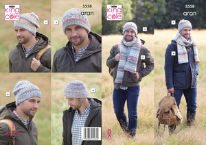 King Cole Aran Knitting Pattern - Mens Hats & Scarves (5558)