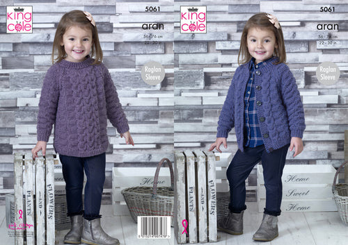 King Cole Aran Knitting Pattern - Girls Tunic & Cardigan (5061)